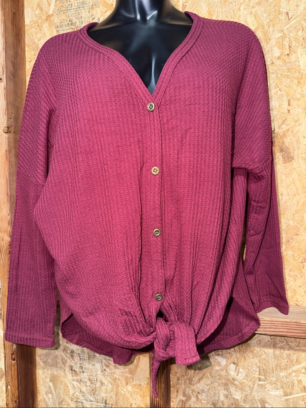 IWOLLENCE Waffle Knit Tie-Front Long Sleeve Top - Wine